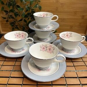 Vintage 1953 Homer Laughlin Cavalier Eggshell Cup & Saucer Set CV17 Gray Floral